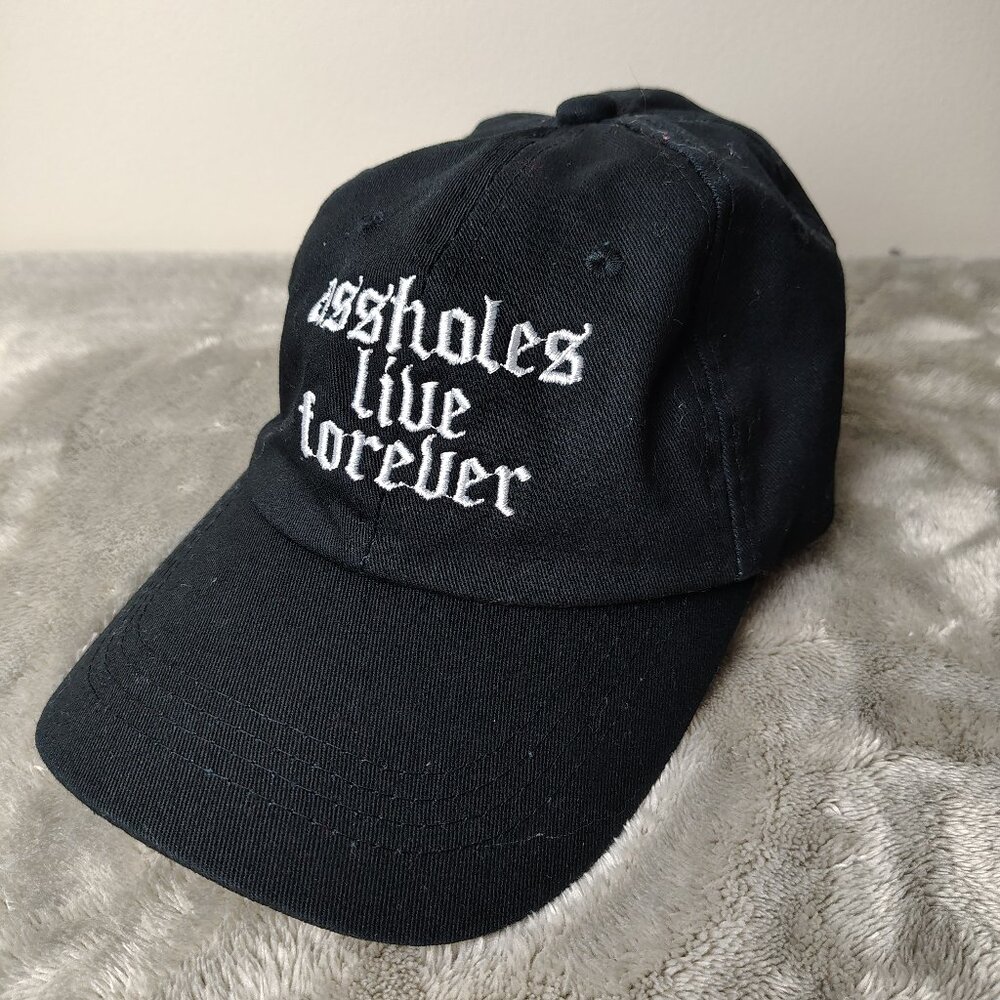 LINDA FINEGOLD Hat Black ASSHOLES LIVE FOREVER Spellout Strapback Dad Cap
